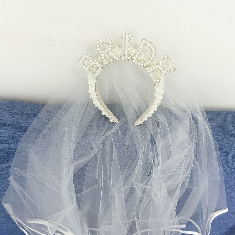 Bride to Be Pearl Crown Tiara & Veil Set | Bachelorette Party Gift