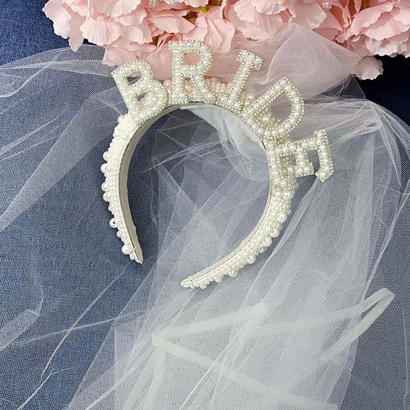 Bride to Be Pearl Crown Tiara & Veil Set | Bachelorette Party Gift