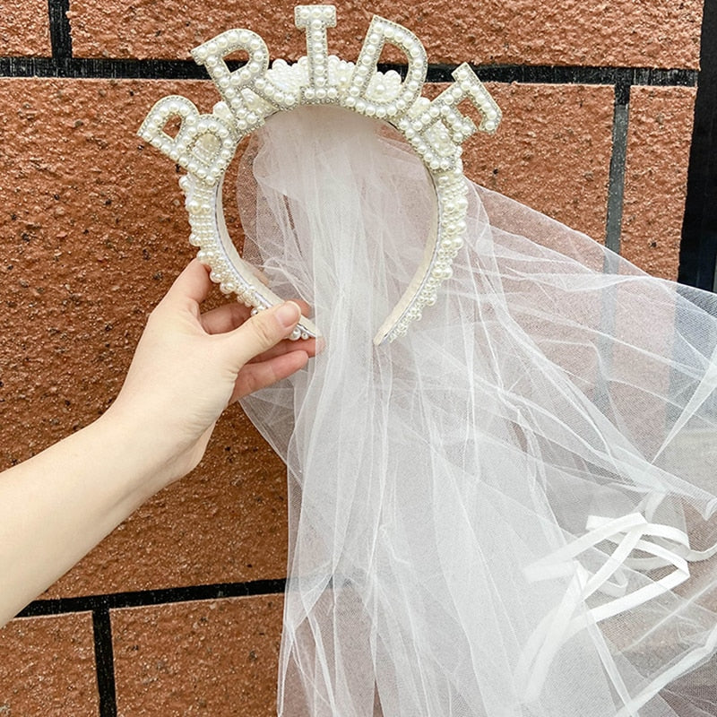 Bride to Be Pearl Crown Tiara & Veil Set | Bachelorette Party Gift