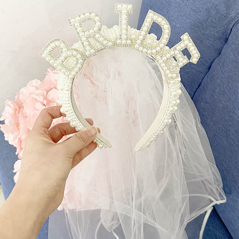 Bride to Be Pearl Crown Tiara & Veil Set | Bachelorette Party Gift